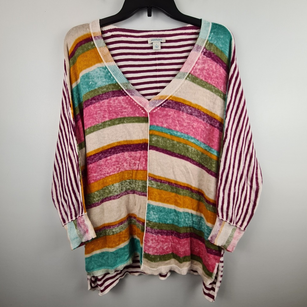 Sundance Womens Large Cotton Striped V-Neck Batwing Pullover Sweater Multicolor